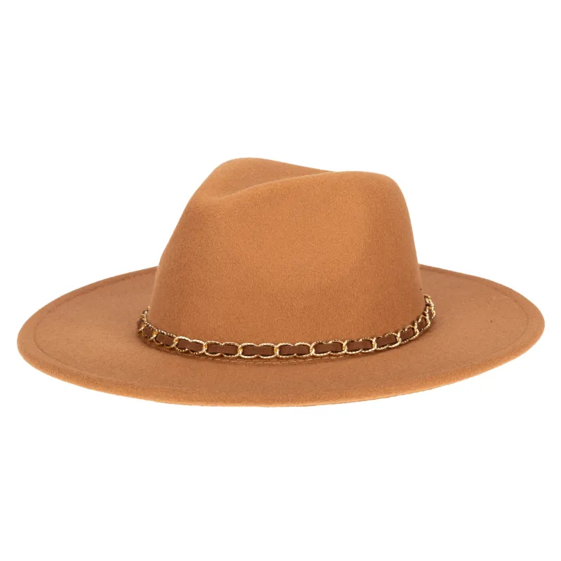 Women's Faux Felt Fedora W/ Gold Chain Trim sold by San Diego Hat Company