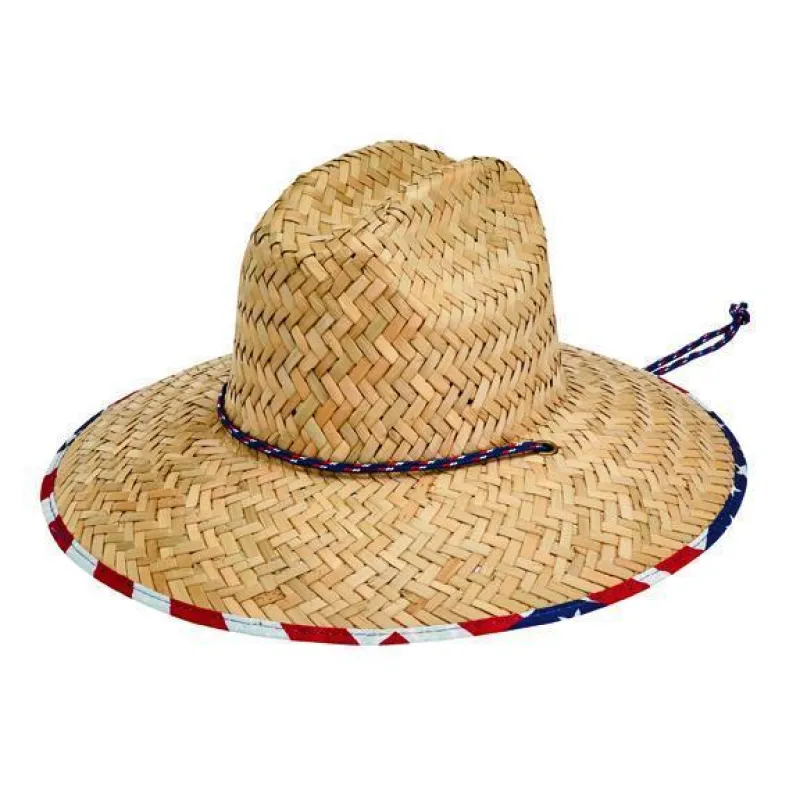 Camp - Men's rush straw lifeguard with under brim print and adjustable chin cord sold by San Diego Hat Company
