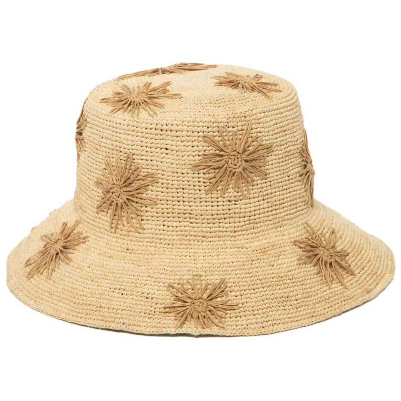 Sol - Crochet Raffia Bucket with Embroidered Flowers sold by San Diego Hat Company