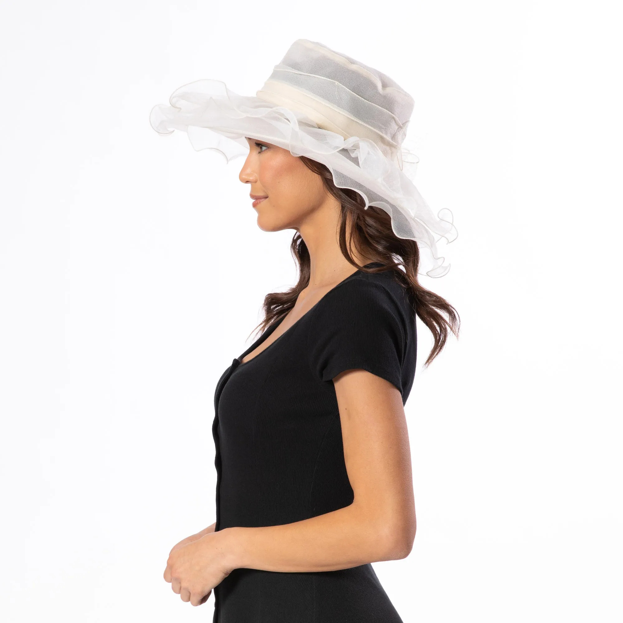 Sheer Organza Wide Brim With Self Ruffle Overlay And Flower Detail sold by San Diego Hat Company product image thumbnail 3