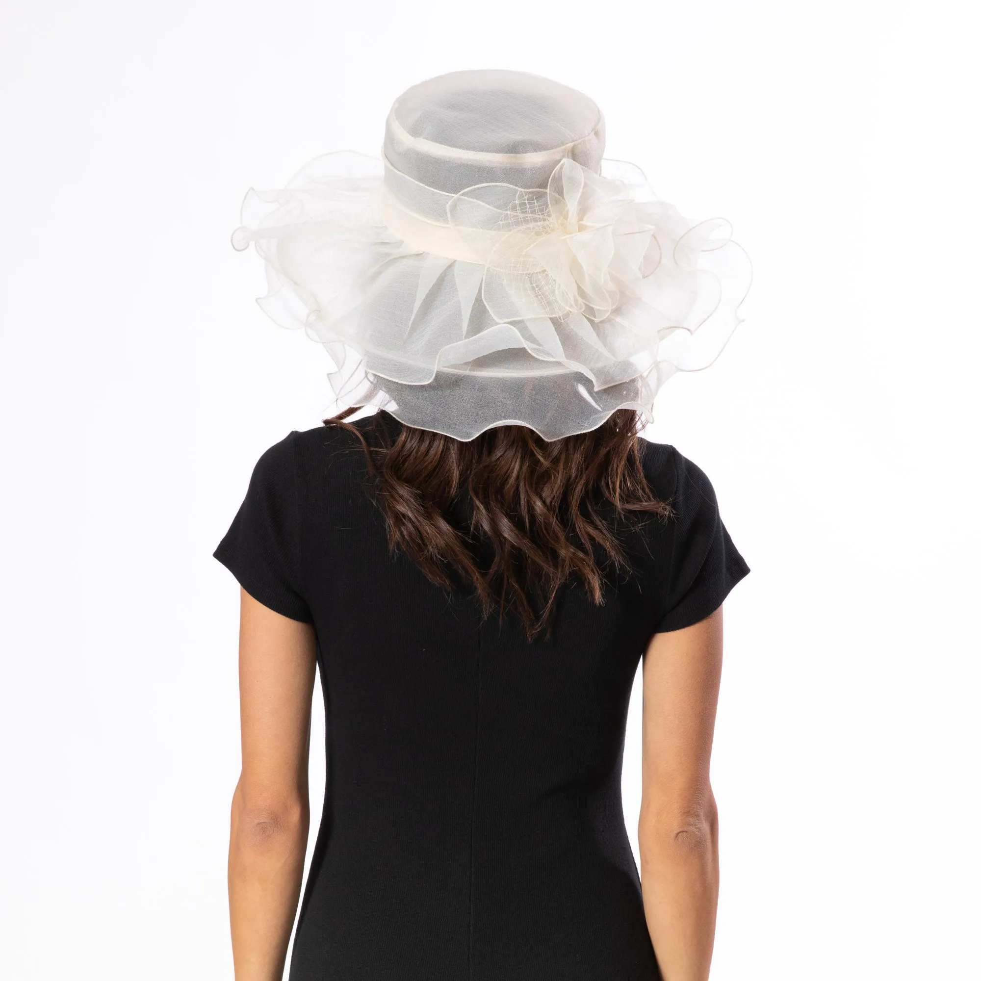 Sheer Organza Wide Brim With Self Ruffle Overlay And Flower Detail sold by San Diego Hat Company product image thumbnail 4