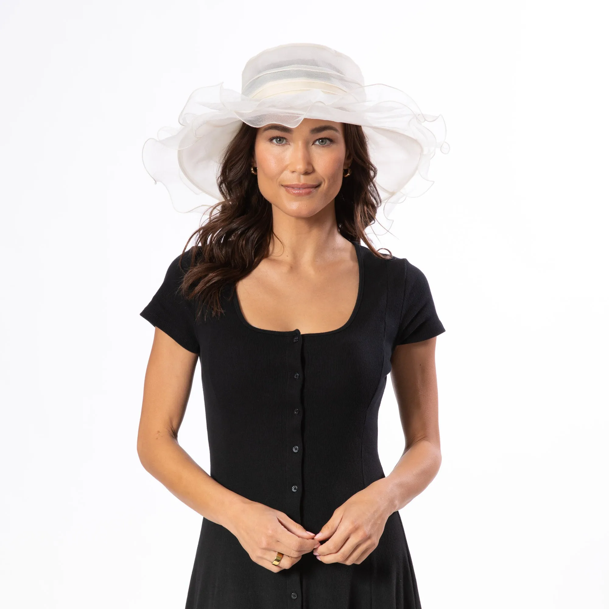 Sheer Organza Wide Brim With Self Ruffle Overlay And Flower Detail sold by San Diego Hat Company product image thumbnail 2