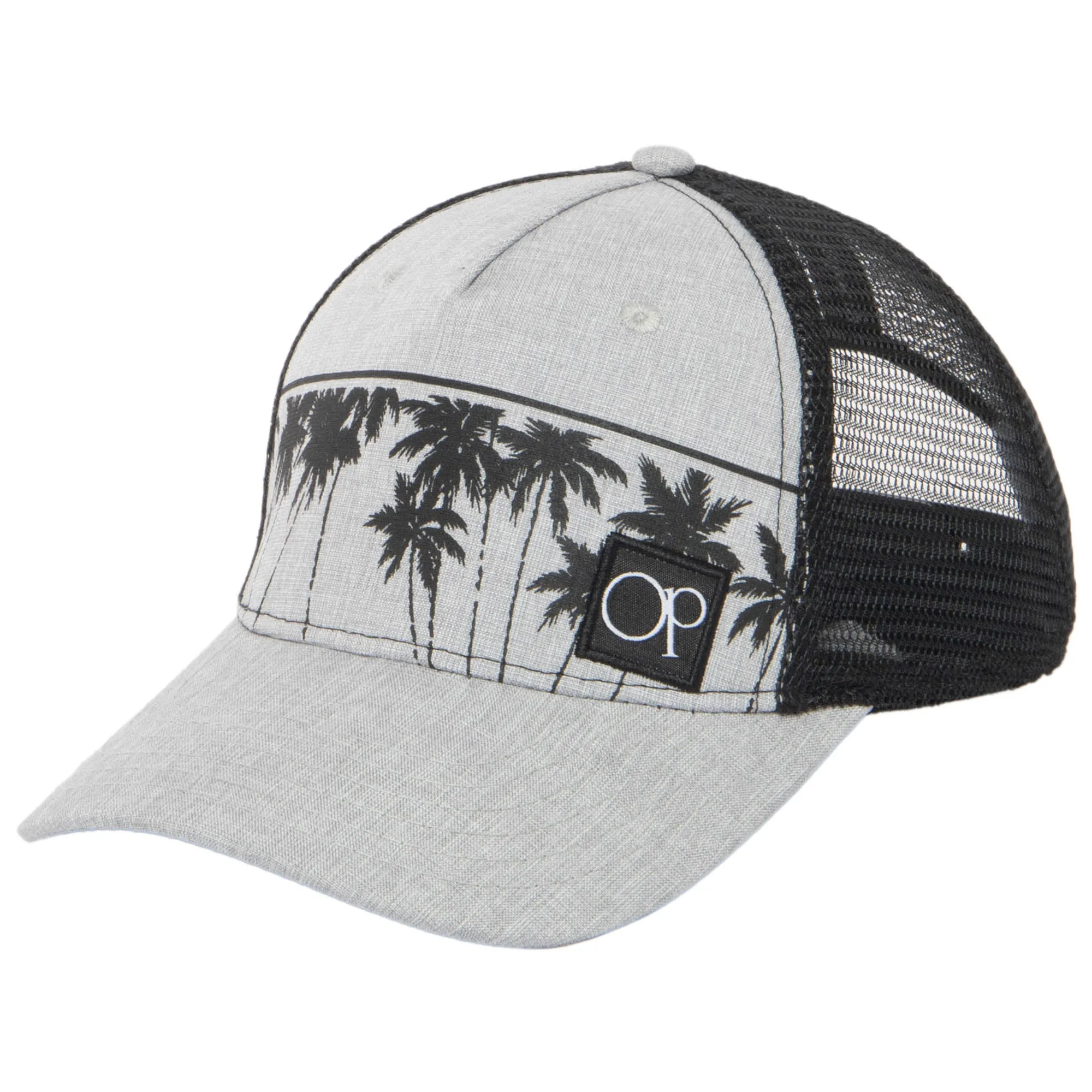Ocean Pacific - 5 Panel Trucker Hat with Grey Palm Leaf Print sold by San Diego Hat Company