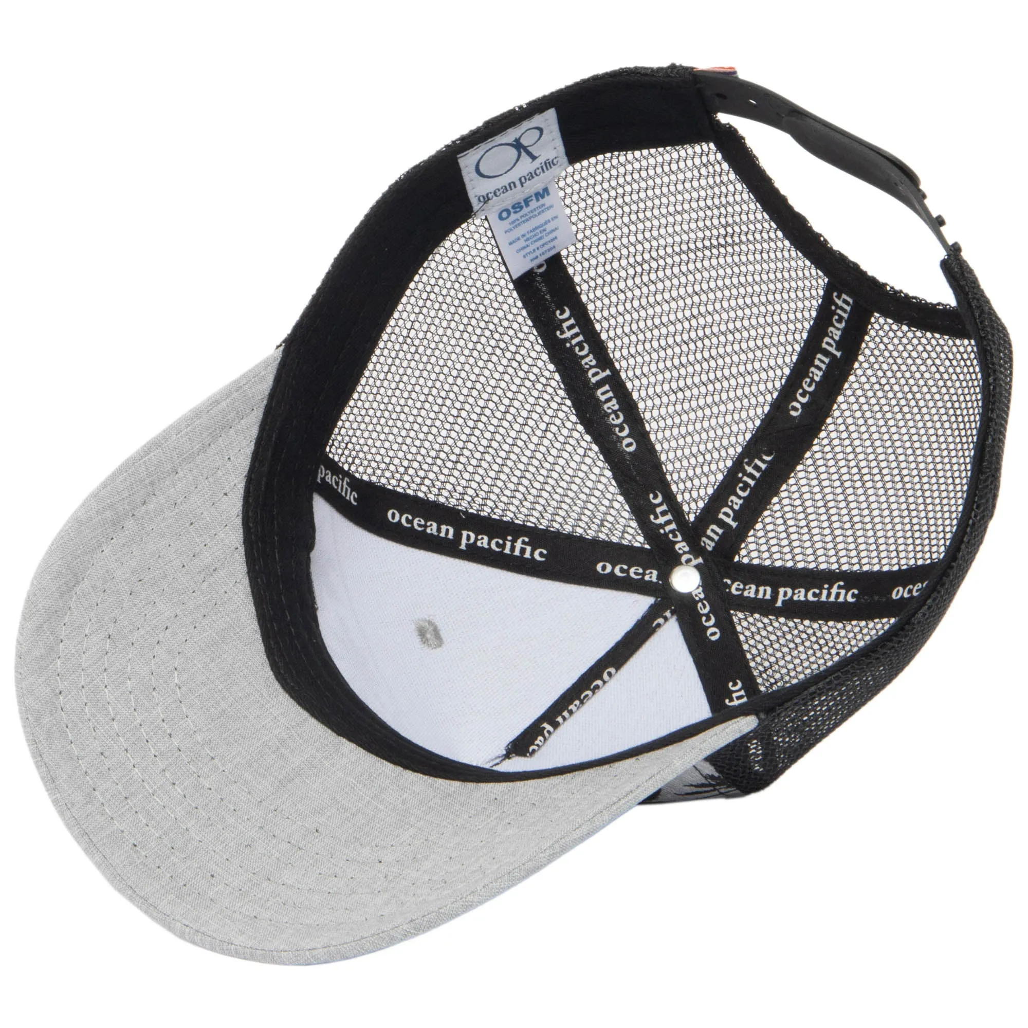 Ocean Pacific - 5 Panel Trucker Hat with Grey Palm Leaf Print sold by San Diego Hat Company product image thumbnail 4