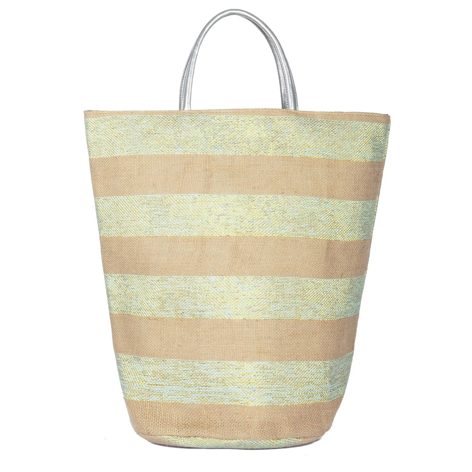 Striped Tote With Metallic Silver Leather Handles sold by San Diego Hat Company