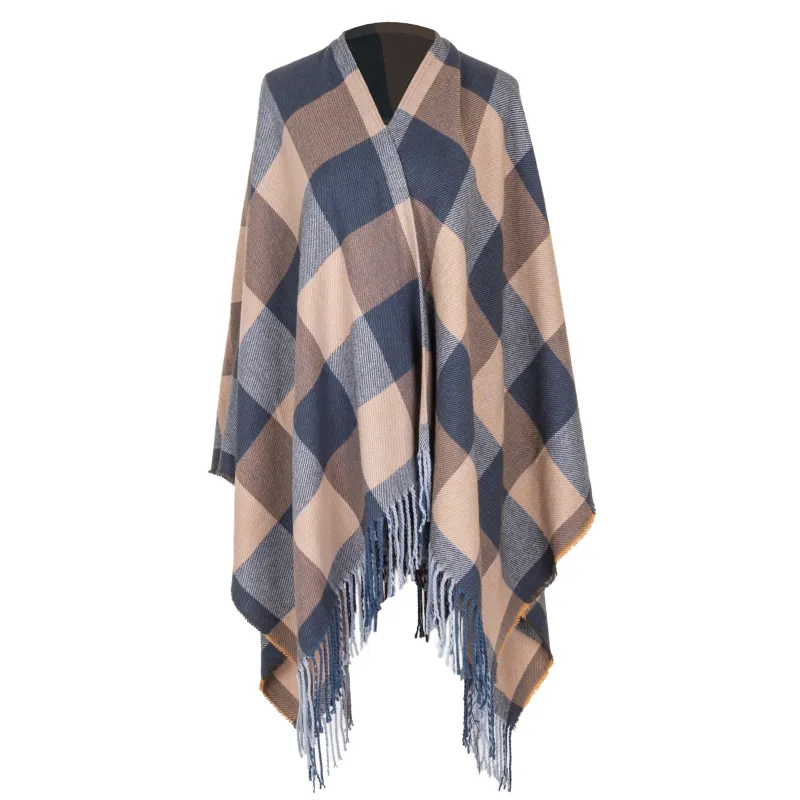 Maddie - Womens Woven Plaid Open Front Poncho made by San Diego Hat Company