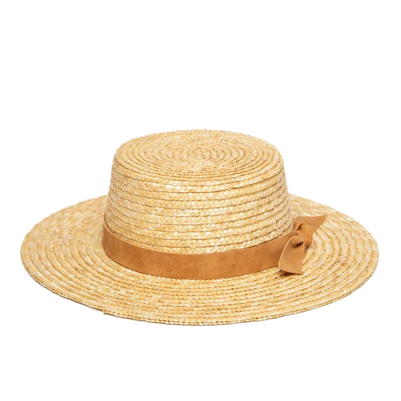Women's wheat straw boater with faux leather band sold by San Diego Hat Company