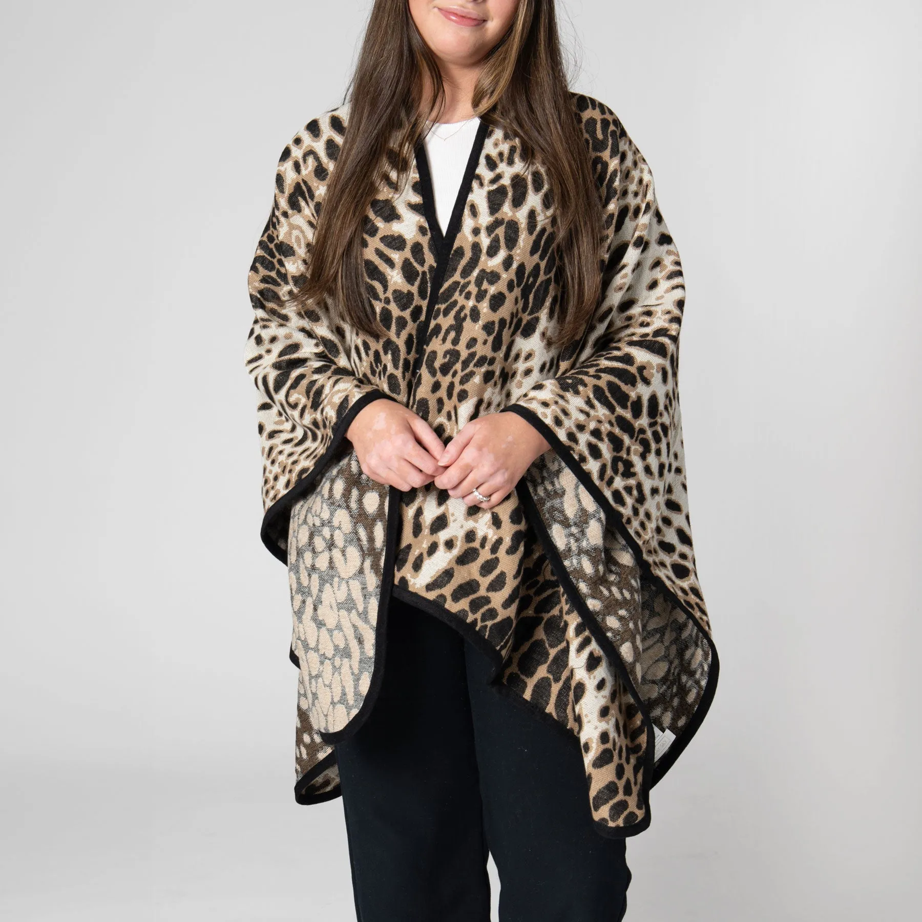 Women's Leopard Print Open Front Poncho sold by San Diego Hat Company product image thumbnail 2