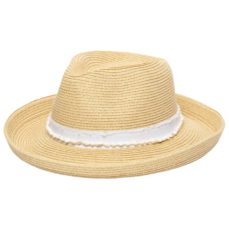 Women's Kettle Brim Fedora With Frayed Band & Shell Trim sold by San Diego Hat Company