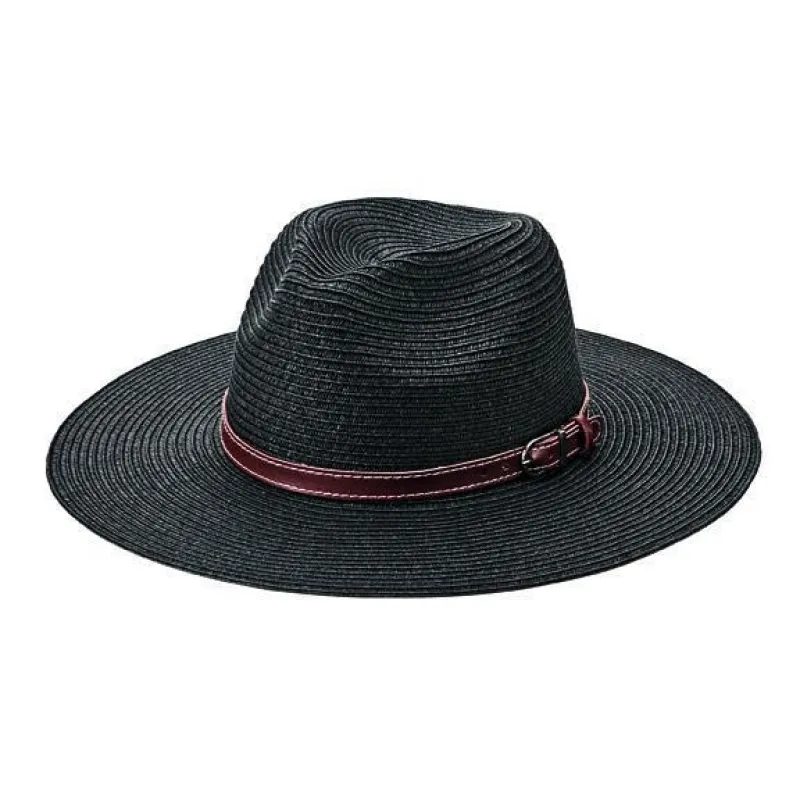 Women's fedora with faux leather band and buckle sold by San Diego Hat Company
