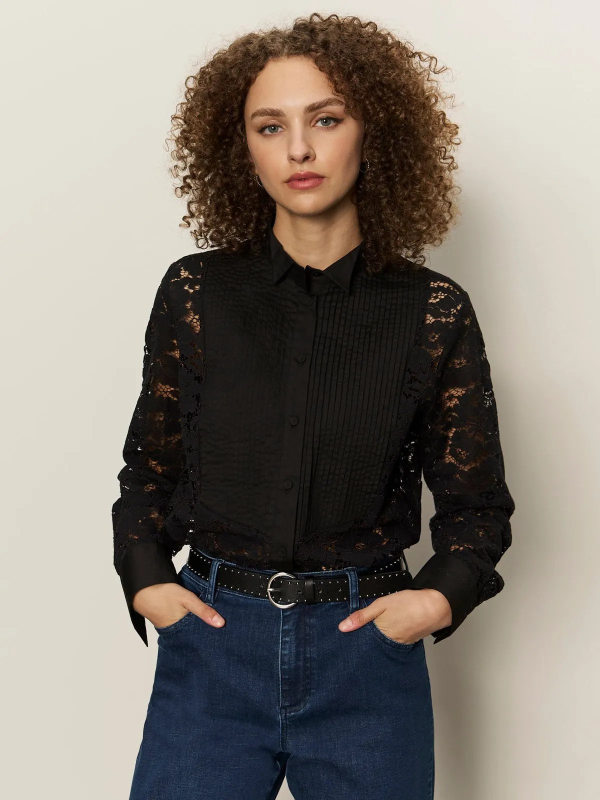 Serendipity Lace Tuxedo Shirt Black sold by Sanctuary