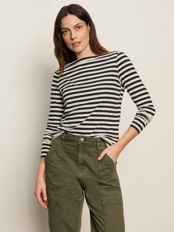Boatneck Long Sleeve Tee Light Oat/Black Stripe sold by Sanctuary