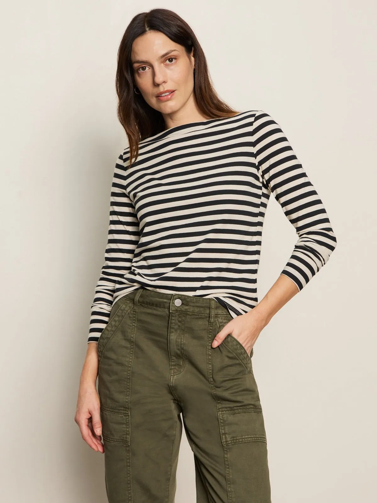 Boatneck Long Sleeve Tee Light Oat/Black Stripe sold by Sanctuary