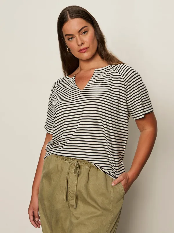 Notch Neck Tee Light Oat/Black Stripe Extended Sizing sold by Sanctuary
