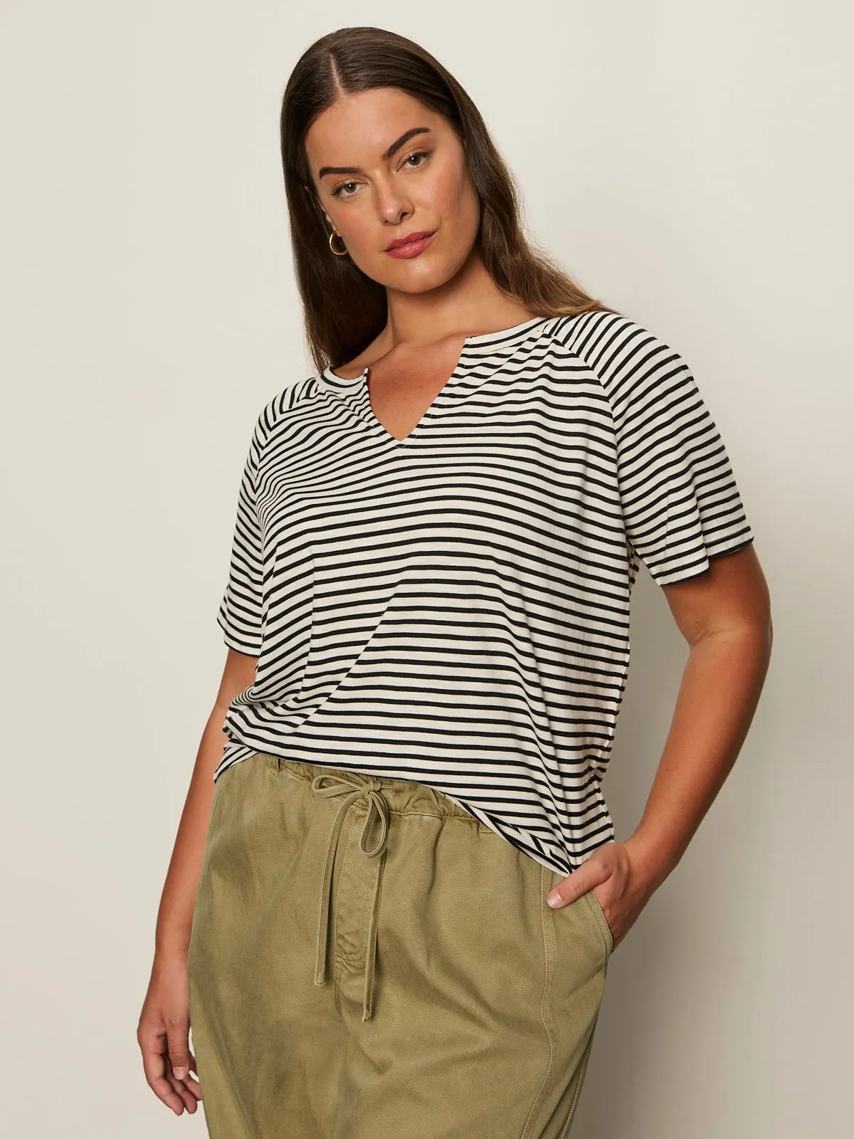 Notch Neck Tee Light Oat/Black Stripe Extended Sizing sold by Sanctuary