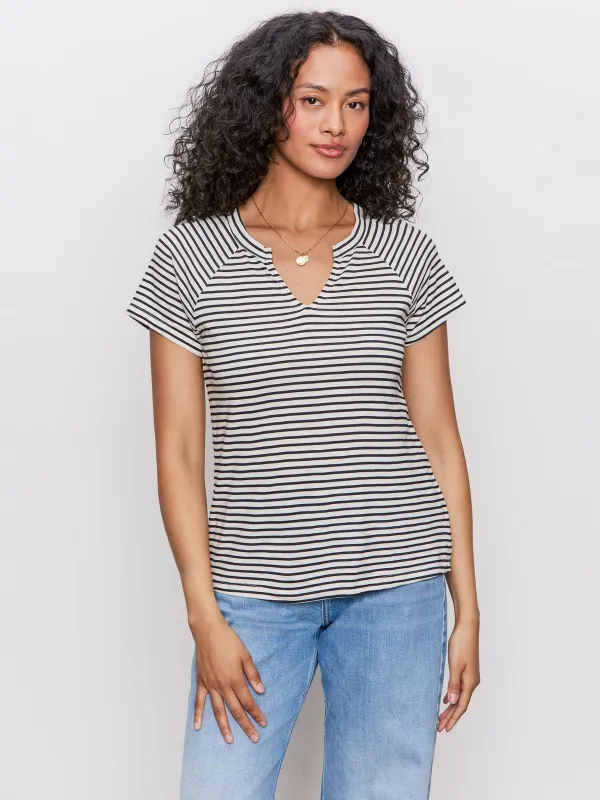 Notch Neck Tee Light Oat/Black Stripe sold by Sanctuary