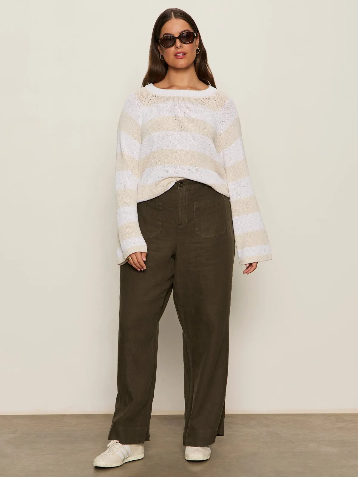 Textured Raglan Crew Sweater White/ Light Oat Stripe Extended Sizing sold by Sanctuary product image thumbnail 5