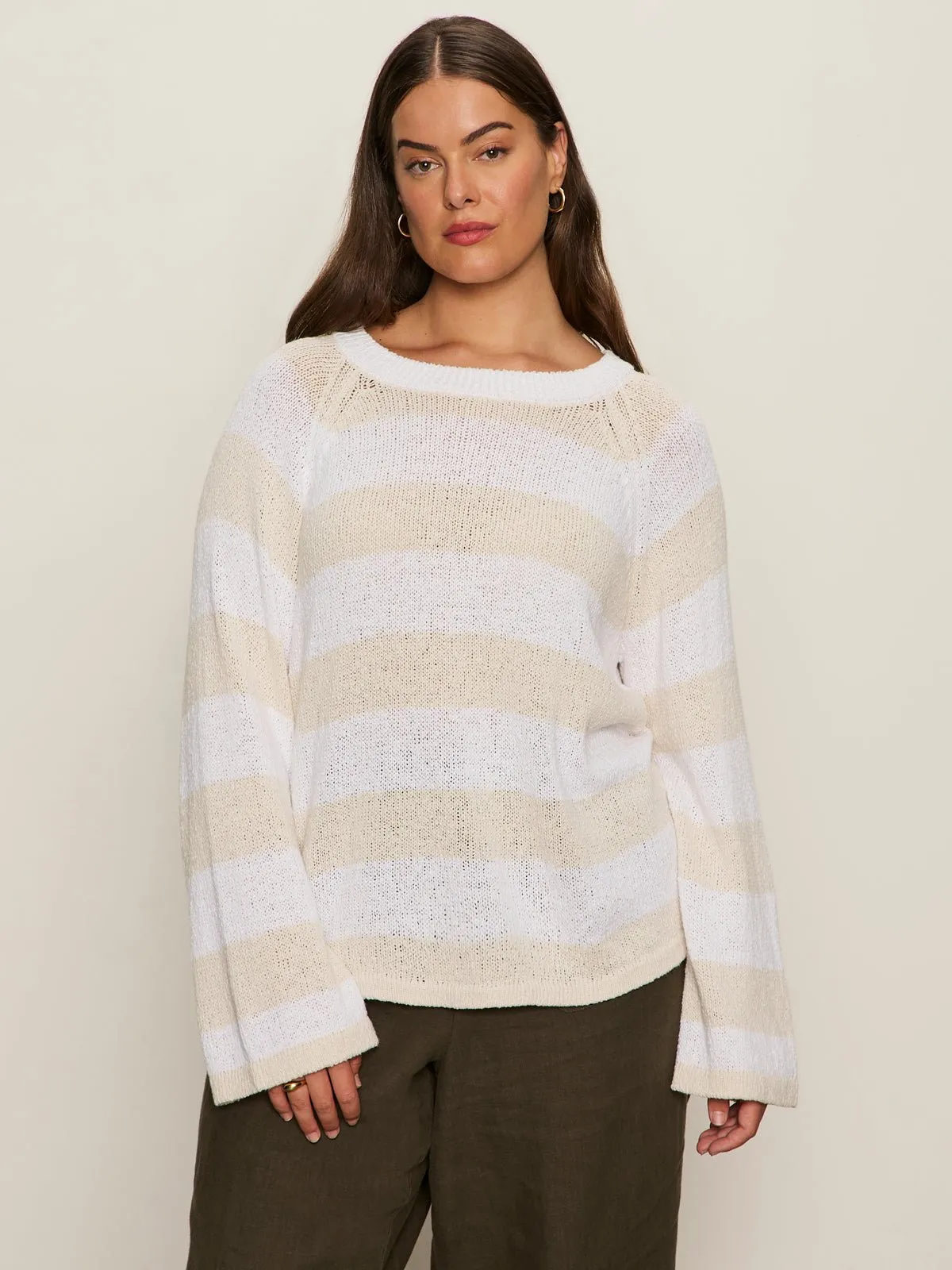 Textured Raglan Crew Sweater White/ Light Oat Stripe Extended Sizing sold by Sanctuary product image thumbnail 2