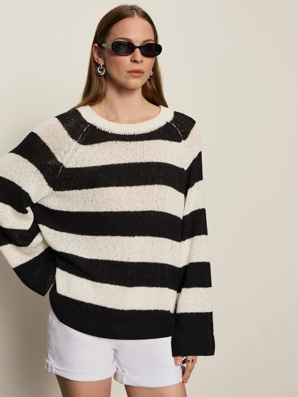 Textured Raglan Crew Sweater Chalk/ Black Stripe sold by Sanctuary