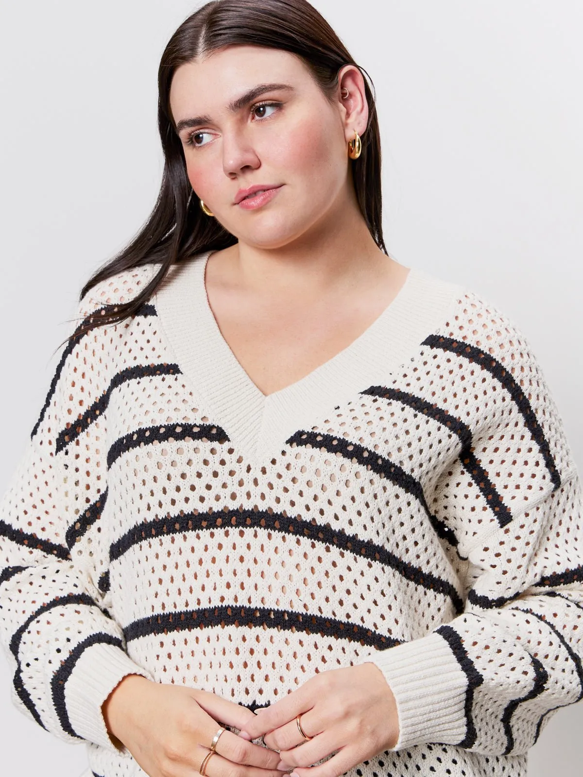 Airy Openwork Sweater Chalk Black Stripe Extended Sizing sold by Sanctuary