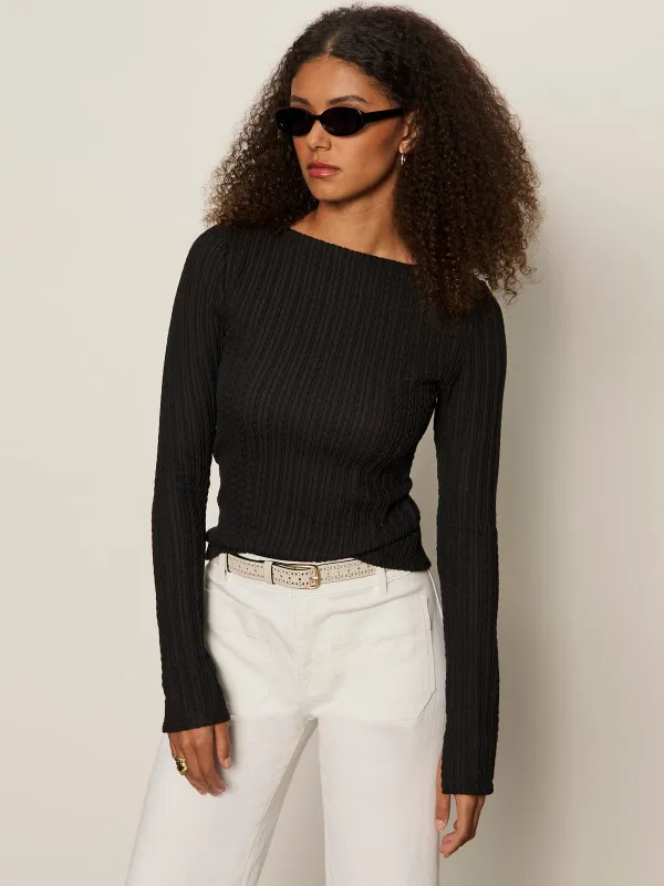 Long Sleeve Boatneck Textured Top Black made by Sanctuary