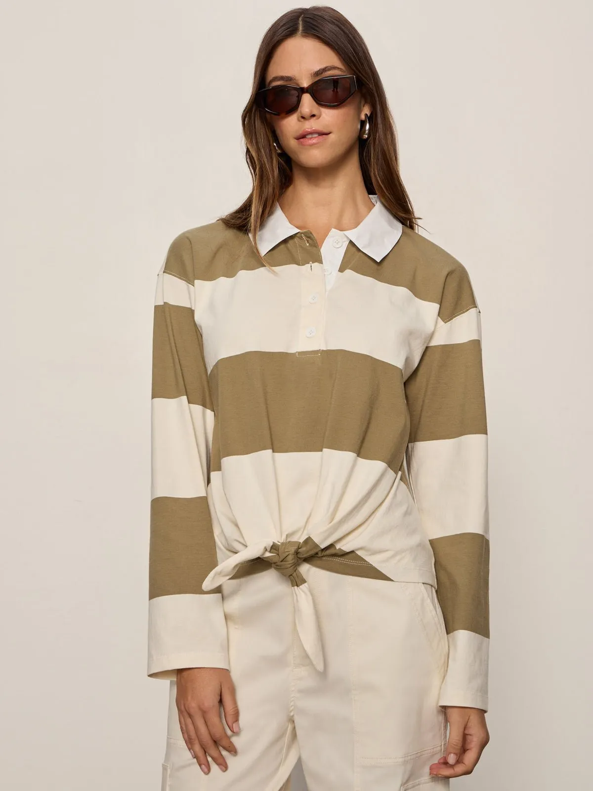 Rugby Tie Front Tee Covert Green / Collagen Stripe sold by Sanctuary