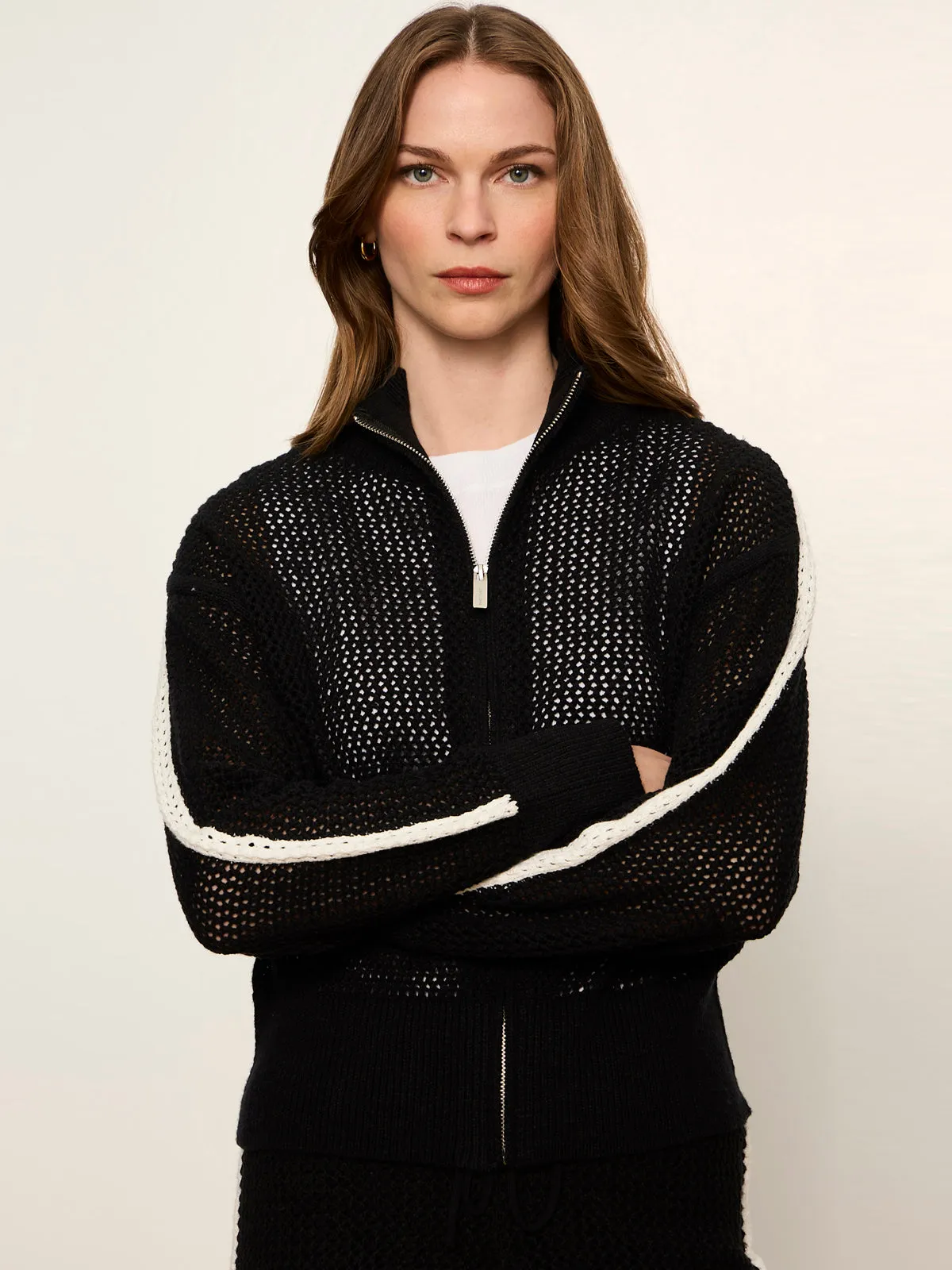 Open Stitch Track Jacket Black with Chalk sold by Sanctuary