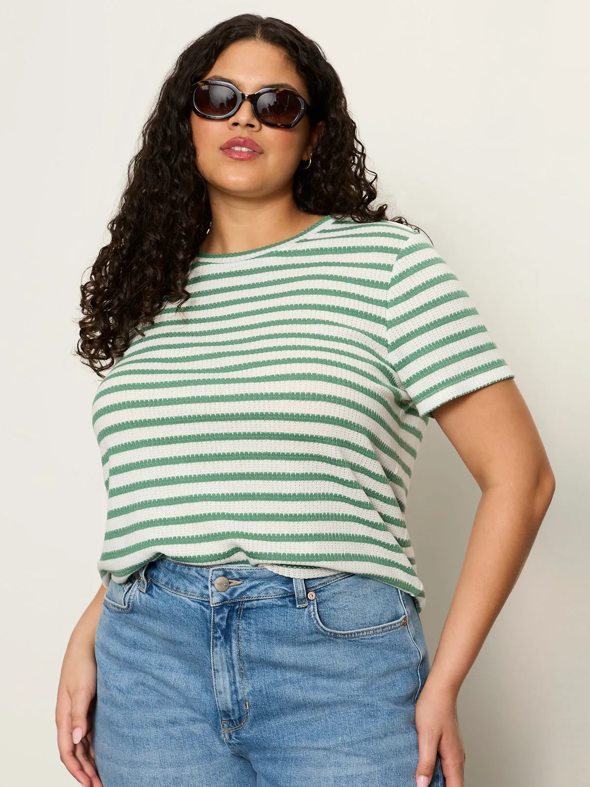 Perfect Textured Tee Chalk/Green Juice Strip Extended Sizing sold by Sanctuary