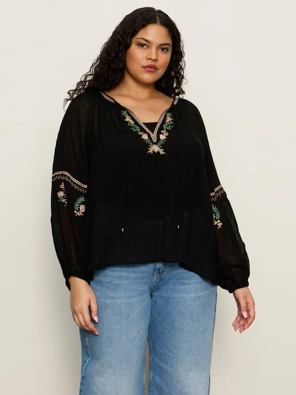 Raye Embroidered Blouse Black Extended Sizing made by Sanctuary