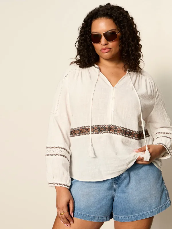 Retreat Embroidered Blouse Chalk Extended Sizing made by Sanctuary