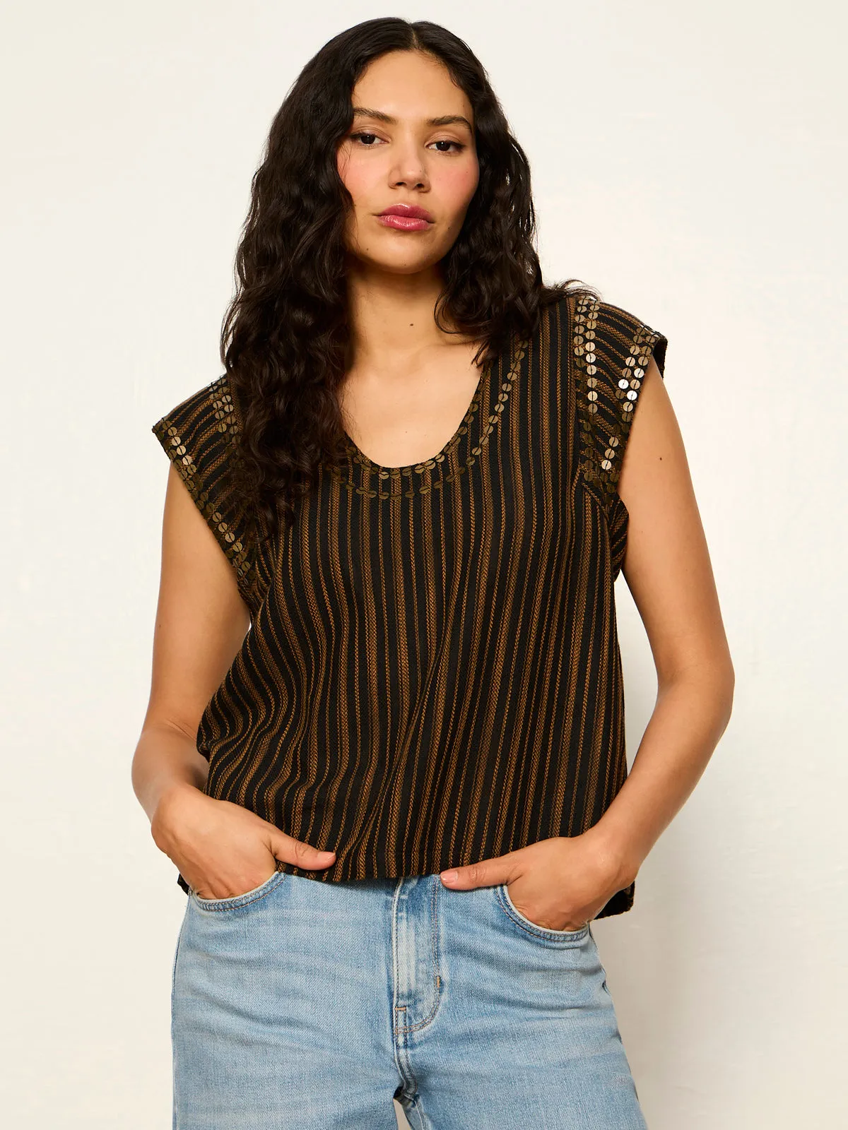 Outsider Embellished Shell Top Dark Cumin/Black Stripe sold by Sanctuary