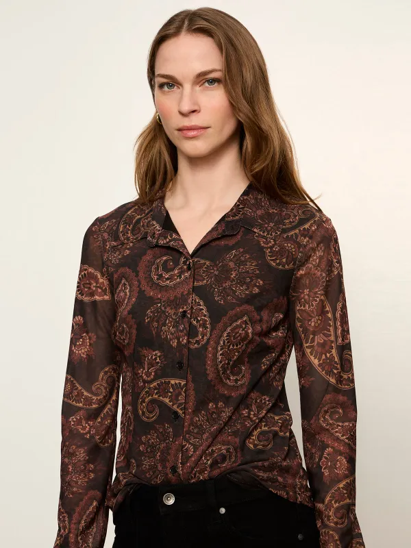 Fitted Mesh Button Down Top Cocoa Paisley Petite Sizing made by Sanctuary