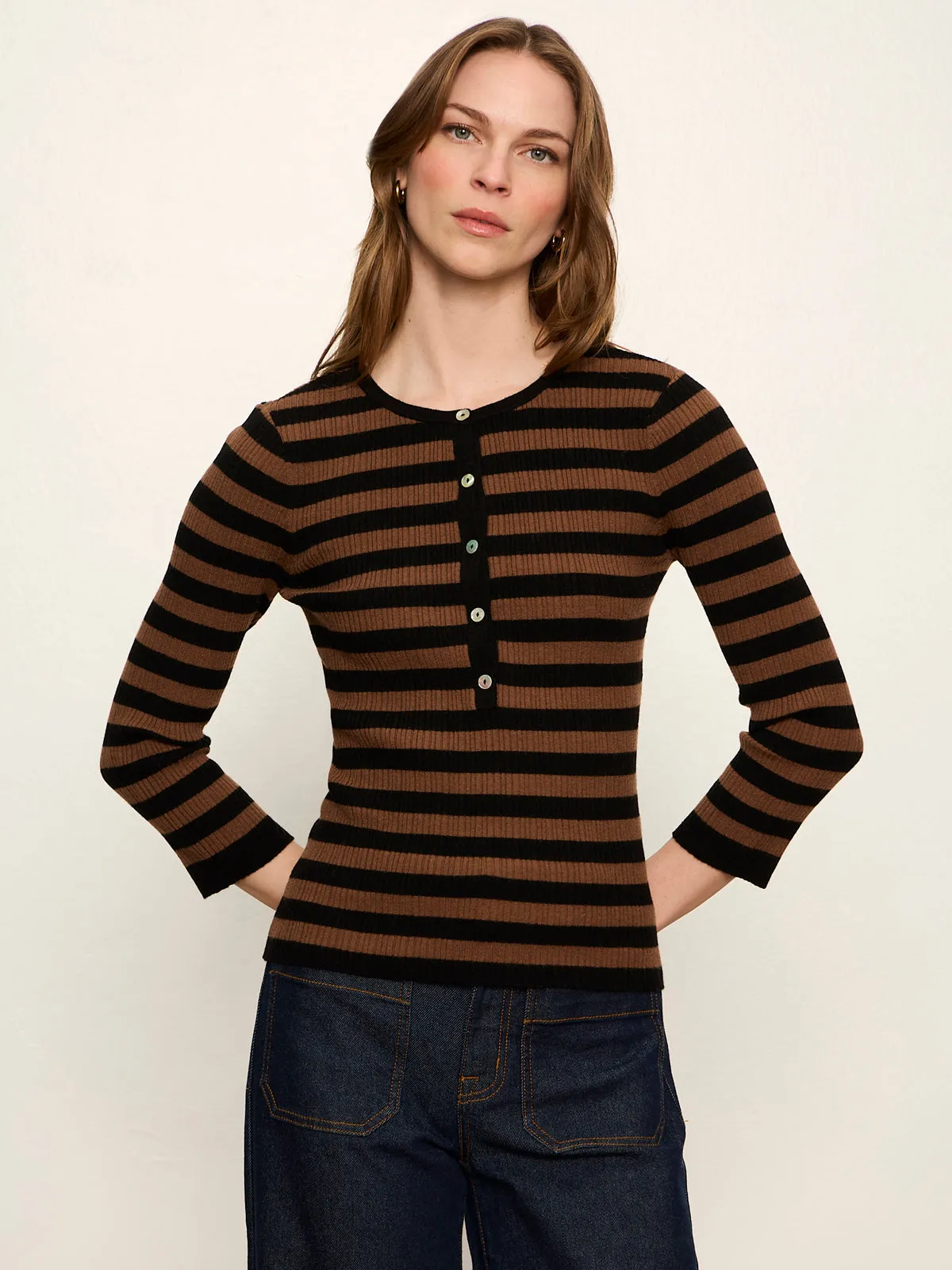 Selena Henley Top Black / Cocoa Powder Stripe sold by Sanctuary product image thumbnail 3