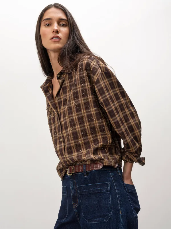 Avery Beaded Crop Shirt Toffee Plaid made by Sanctuary