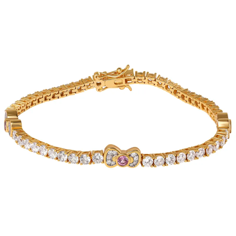 Hello Kitty Two-Tone Gold Plated Bow Tennis Bracelet (Pink & White Sapphire) sold by Sanrio