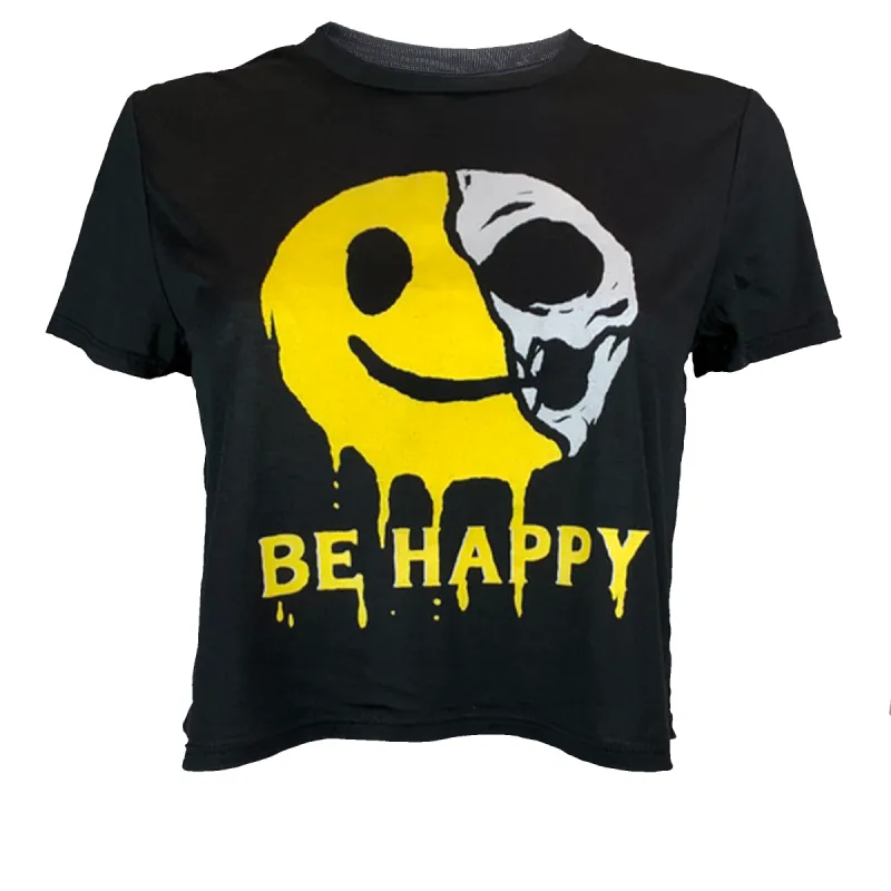 Women's Crop-T - Be Happy - Black sold by Savage Barbell