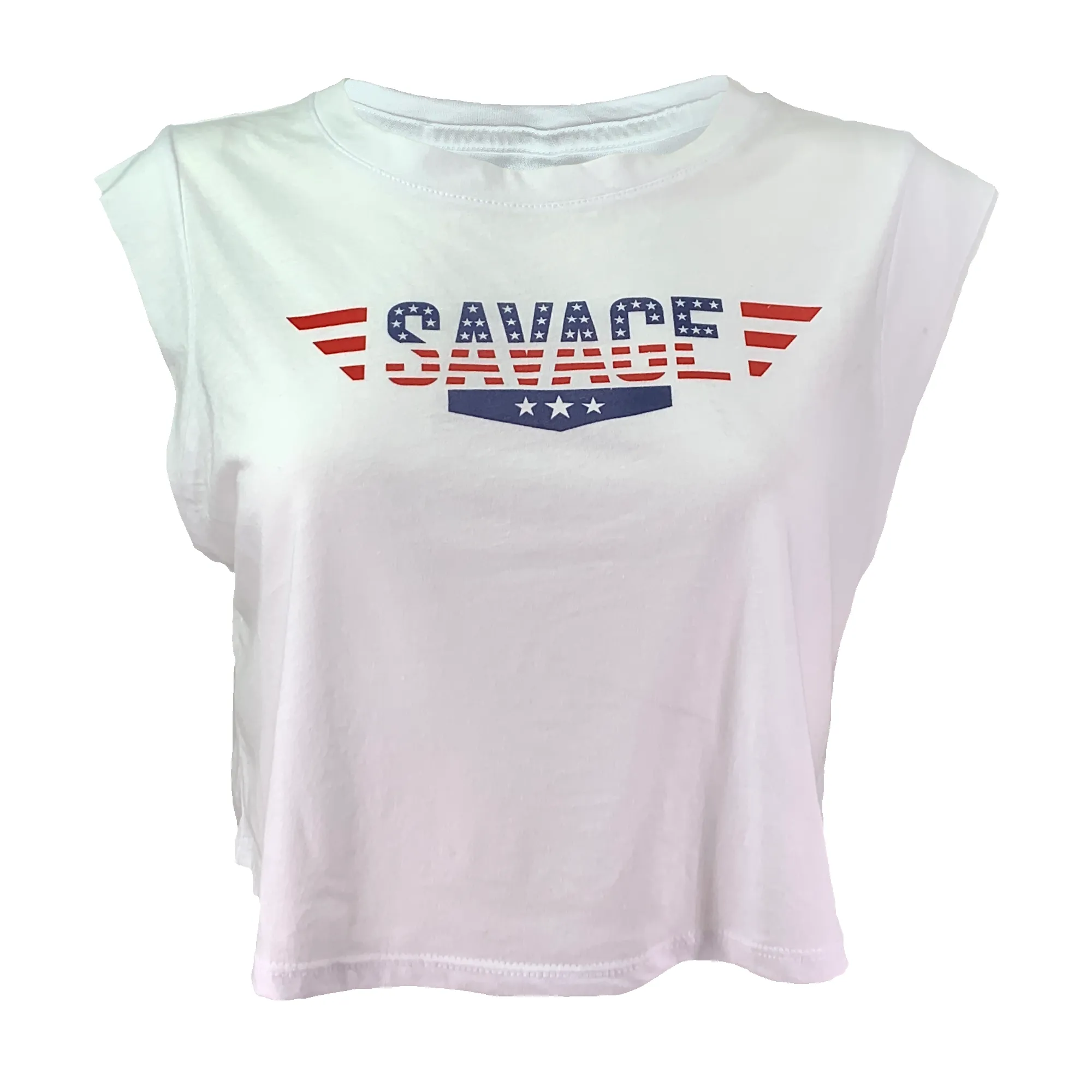 Women's Cut Off Sleeveless Crop-T - Stars n Stripes - White sold by Savage Barbell