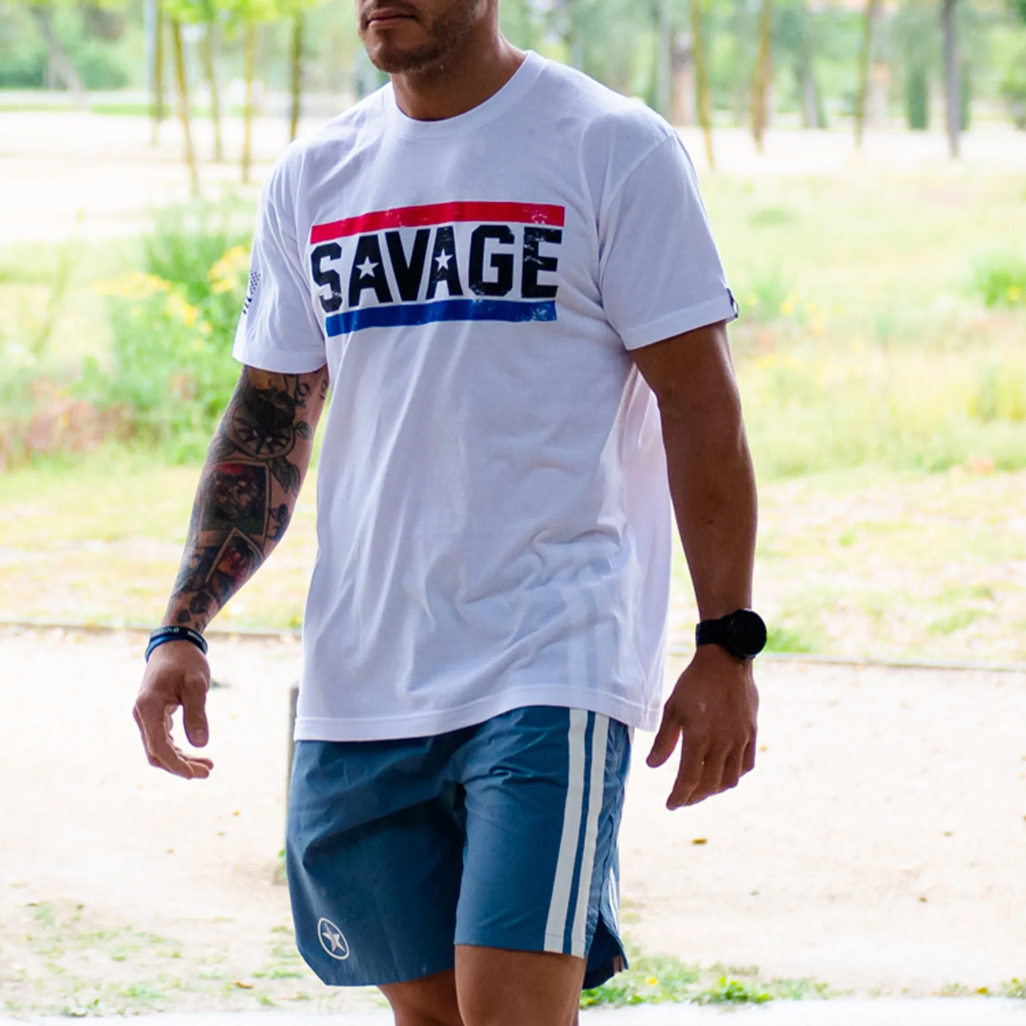 Men's T-Shirt - Red, White, & Blue - White sold by Savage Barbell product image thumbnail 3