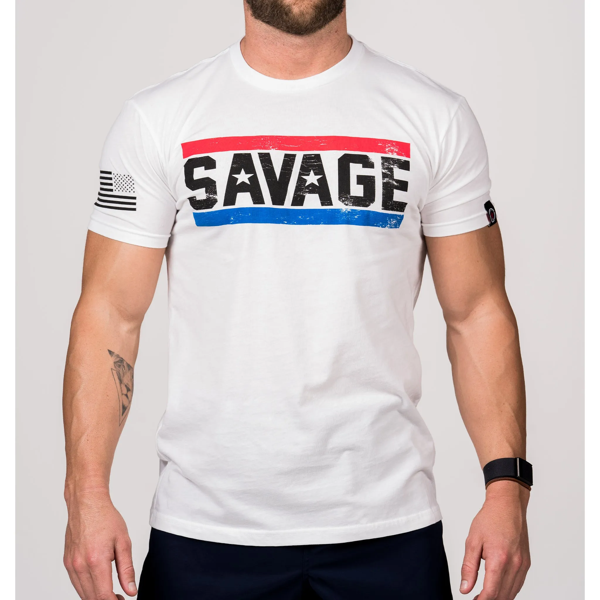 Men's T-Shirt - Red, White, & Blue - White sold by Savage Barbell