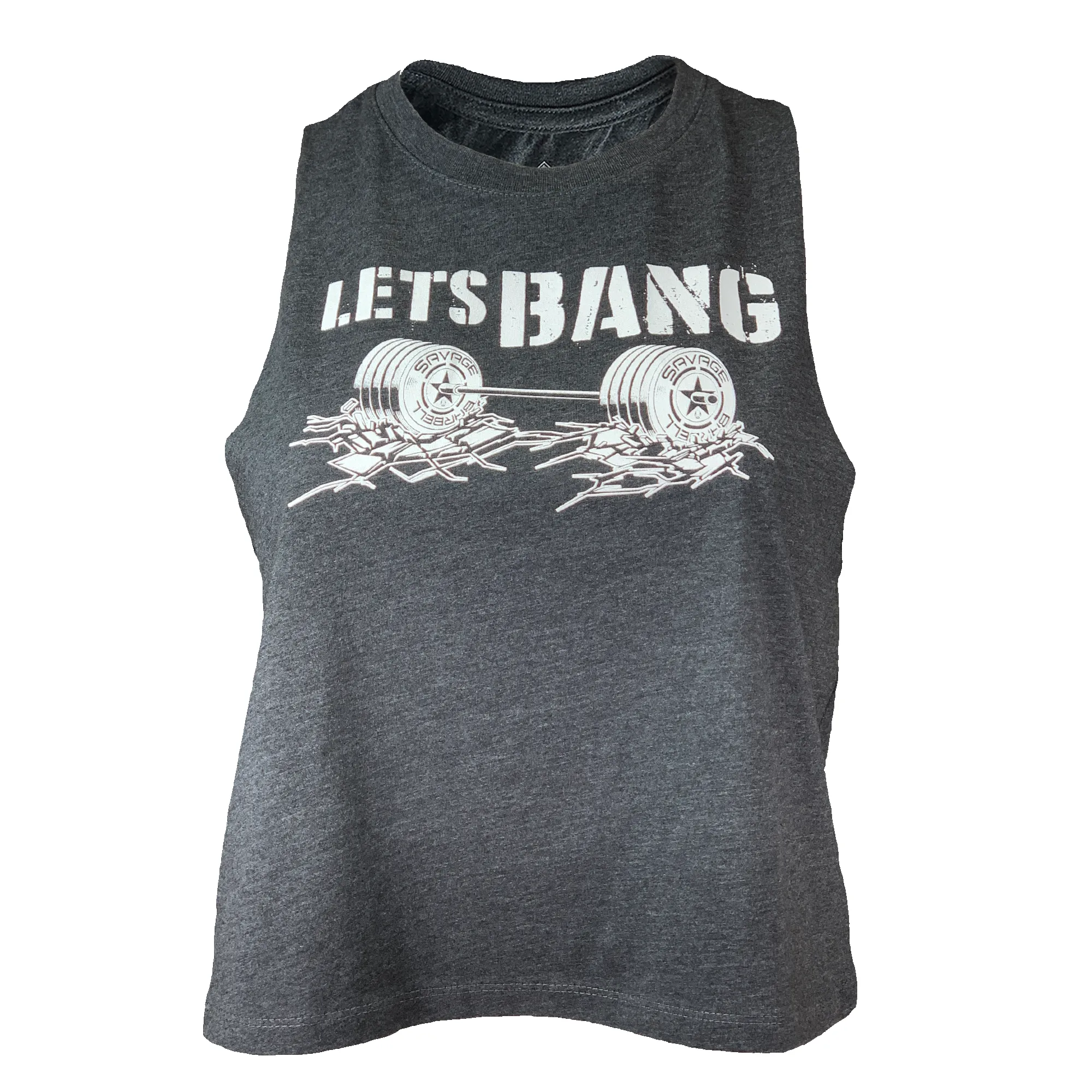 Women's Racerback Crop Tank - Lets Bang - Charcoal sold by Savage Barbell