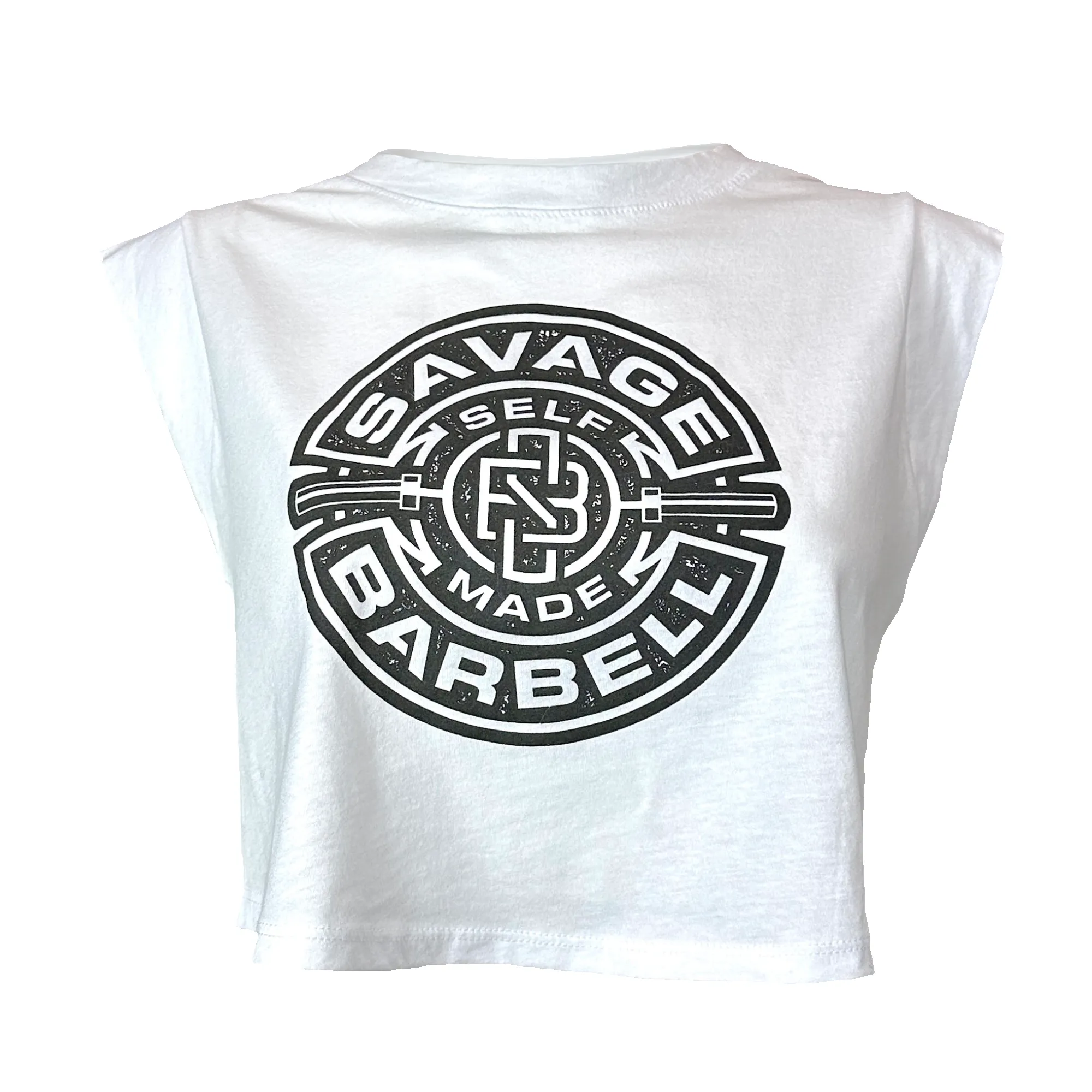 Women's Cut Off Sleeveless Crop-T - Self Made - White sold by Savage Barbell