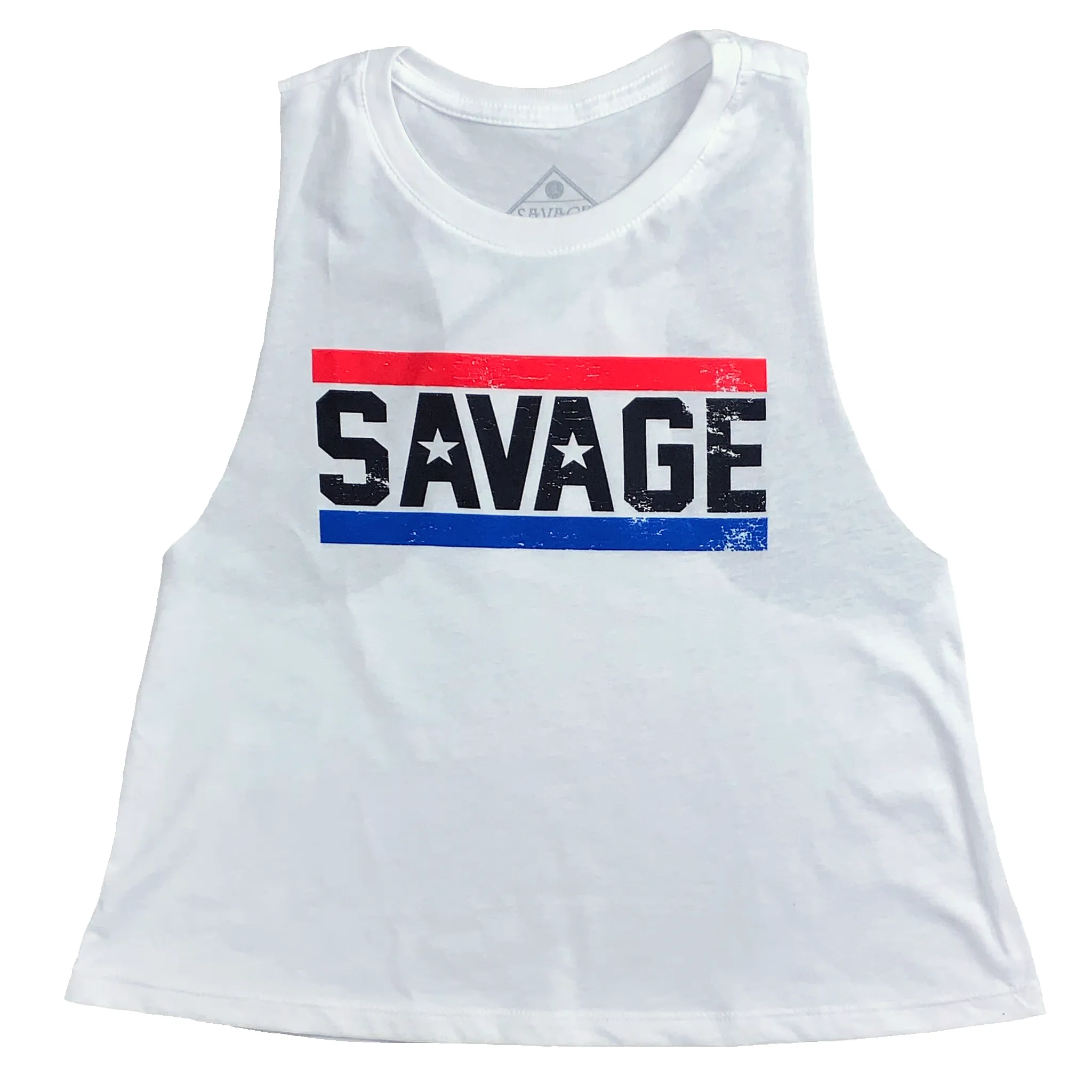Women's Racerback Crop Tank - Red, White, & Blue - White sold by Savage Barbell