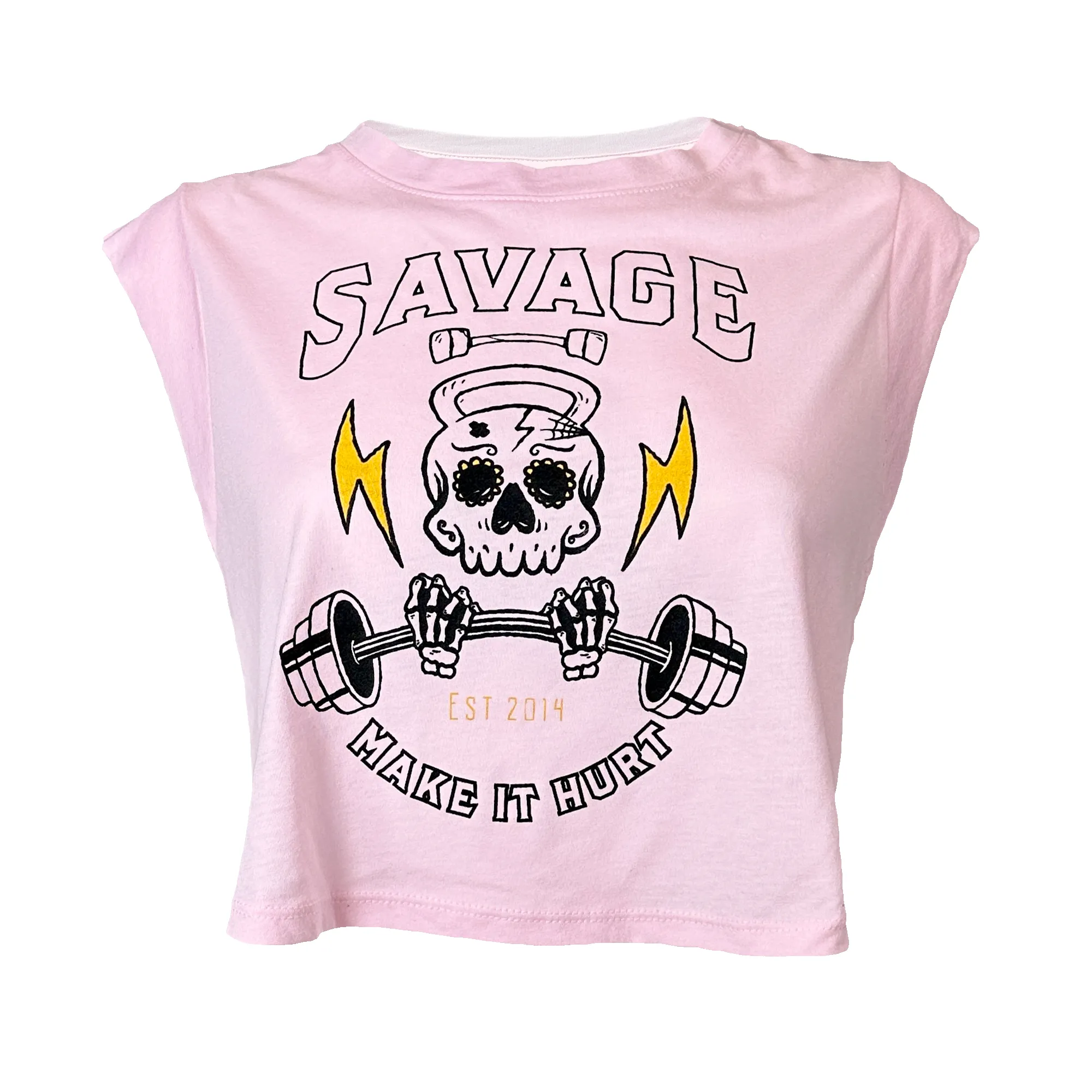 Women's Cut Off Sleeveless Crop-T - Make it Hurt - Pink sold by Savage Barbell