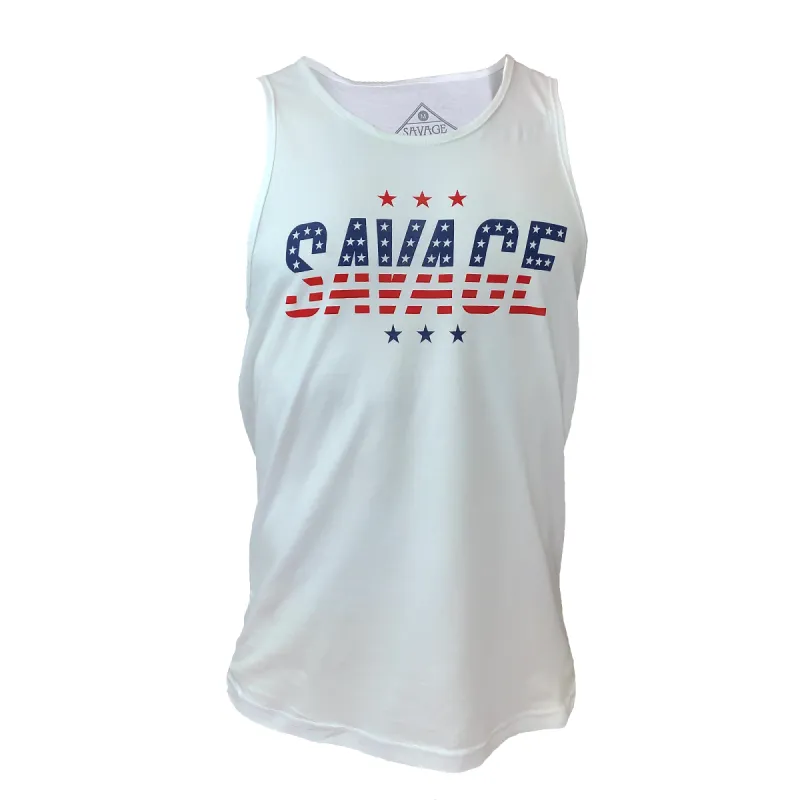 Men's Tank Top - Stars n Stripes - White sold by Savage Barbell