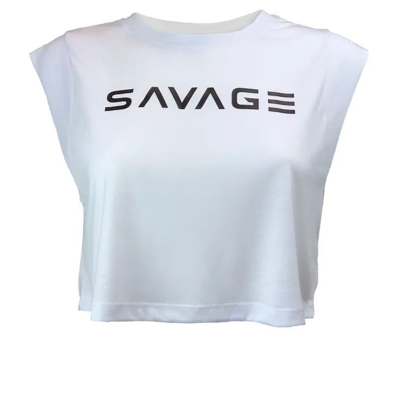 Women's Cut Off Sleeveless Crop-T - White sold by Savage Barbell