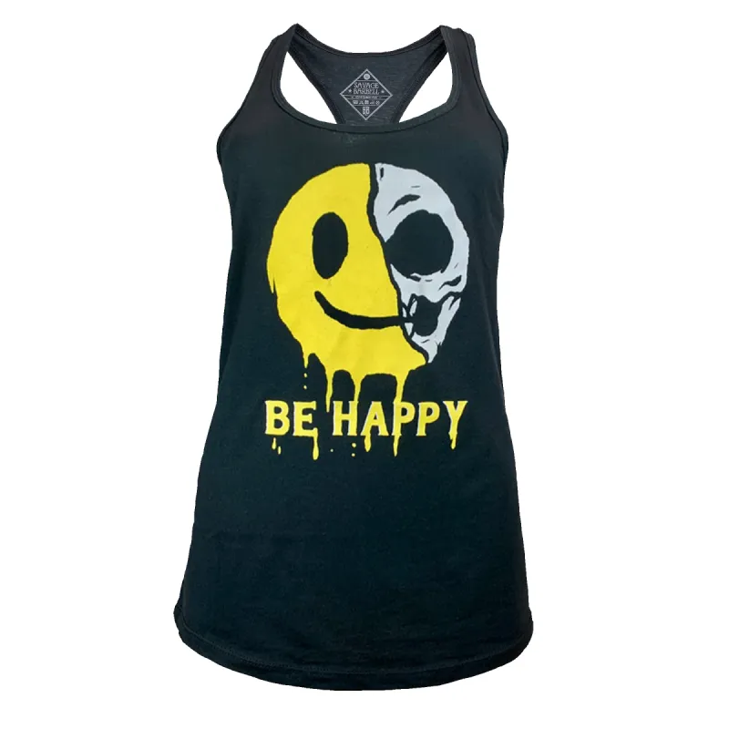 Women's Racerback Tank Top - Be Happy - Black sold by Savage Barbell