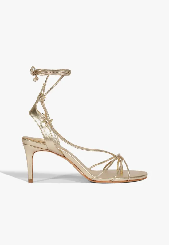 Demetria Mid Metallic Leather Sandal sold by SCHUTZ