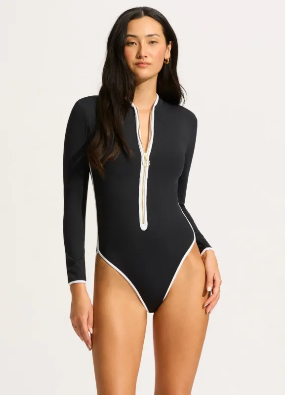 Seafolly Collective LongSleeve Zip Front One Piece - Black sold by Seafolly