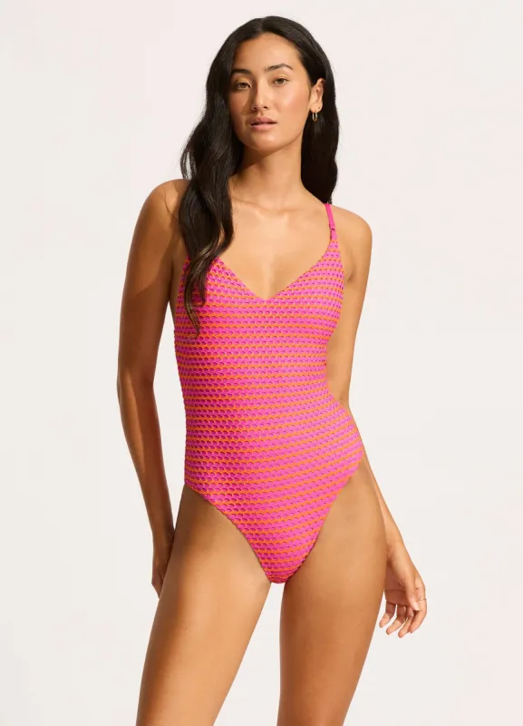 Mesh Effect V Neck One Piece - Hot Pink sold by Seafolly