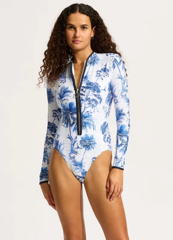 Marbella Zip Front Surf Suit - White Trellis sold by Seafolly